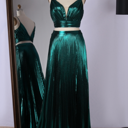 Two Piece Dark Green Charmuse Prom Dress 2023..
