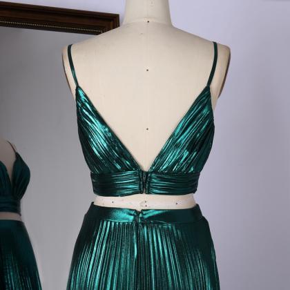 Two Piece Dark Green Charmuse Prom Dress 2023..