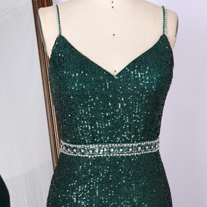 Women Glitter Green Sequins Prom Dress 2023 Formal..