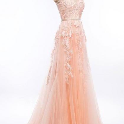 Pink Tulle Prom Dress Long With Appliques Formal..