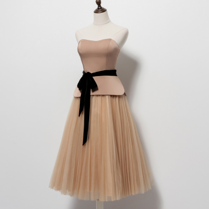 Champagne Homecoming Dress With Black Sash Prom..