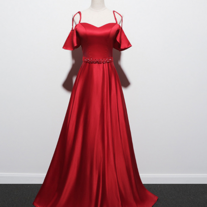 Long Princess Red Satin Prom Dress Cap Sleeves..