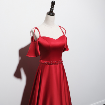 Long Princess Red Satin Prom Dress Cap Sleeves..