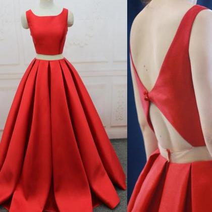 Simple Two Piece Satin Red Prom Dress Long Formal..