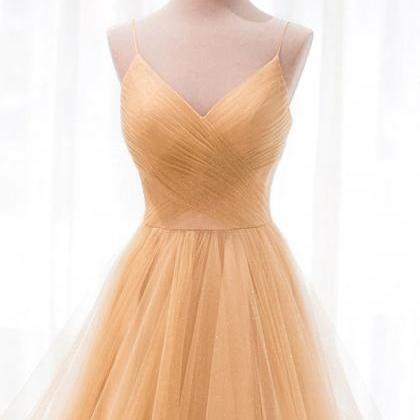 Champagne Princess Tulle Prom Dress Long Formal..