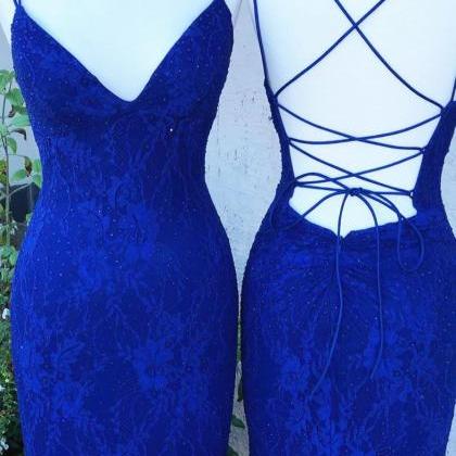Royal Blue Lace Mermaid Prom Dress Backless Formal..