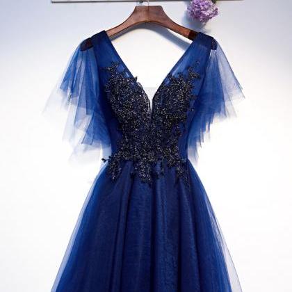 Royal Blue Tulle Prom Gownshort With Beadwork..