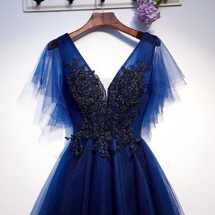 Royal Blue Tulle Prom Gownshort With Beadwork..