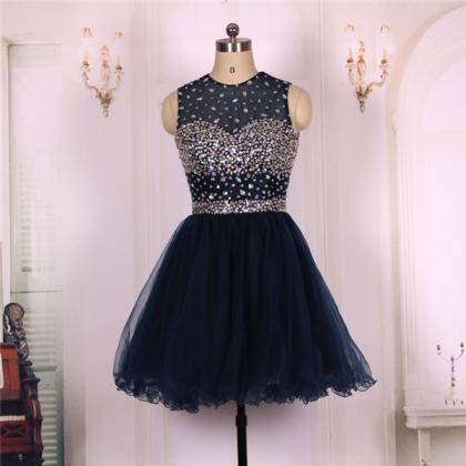 2016 Ball Gown Beaded Navy Blue Tulle Short Prom..