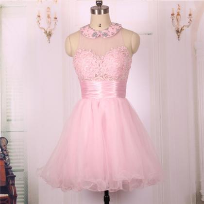 2016 Ball Gown Open Back Short Pink Lace Prom..