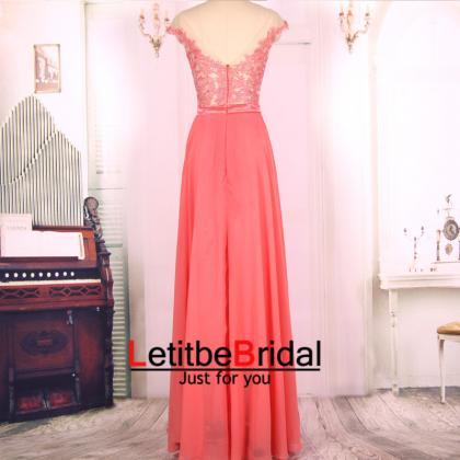 2016 Cap Sleeves Long Coral Pink Chiffon Lace Prom..