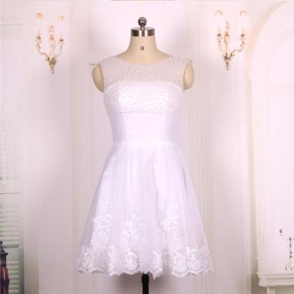 2016 Ball Gown Pearls Beaded White Lace Short Prom..