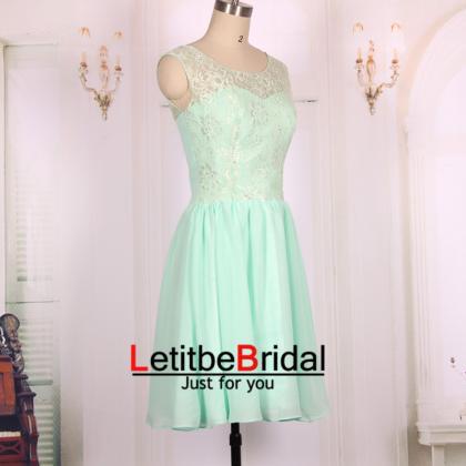 2016 Chiffon Lace Mint Green Short Prom Dresses..
