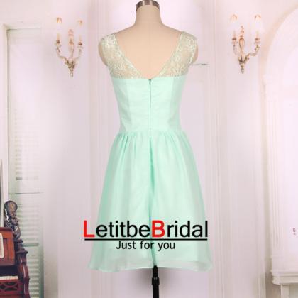 2016 Chiffon Lace Mint Green Short Prom Dresses..