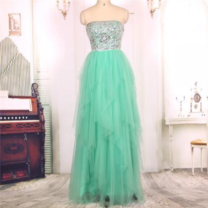 2016 Strapless Heavy Beaded Tulle Long Turquoise..
