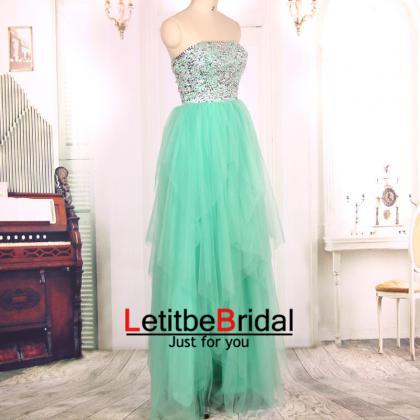 2016 Strapless Heavy Beaded Tulle Long Turquoise..