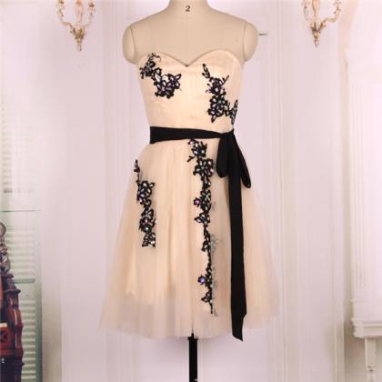 Ball Gown Black Lace Sash Sweetheart Tulle Short..