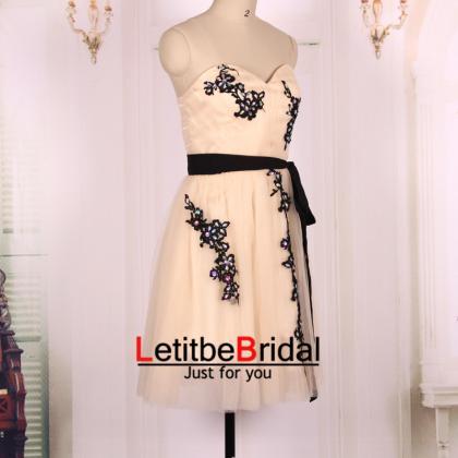 Ball Gown Black Lace Sash Sweetheart Tulle Short..