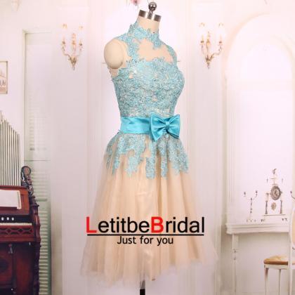 2016 Ball Gown High Neck Short Champagne Tulle..