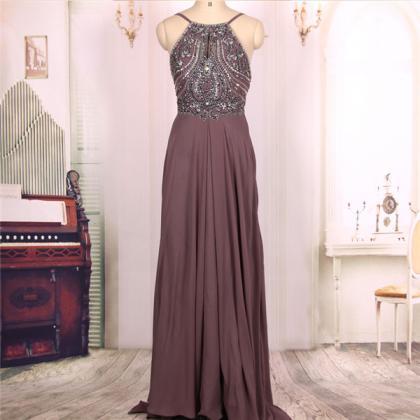A Line Chocolate Beaded Long Sexy Backless Prom..