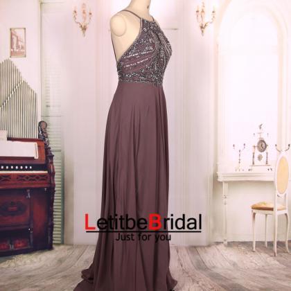 A Line Chocolate Beaded Long Sexy Backless Prom..
