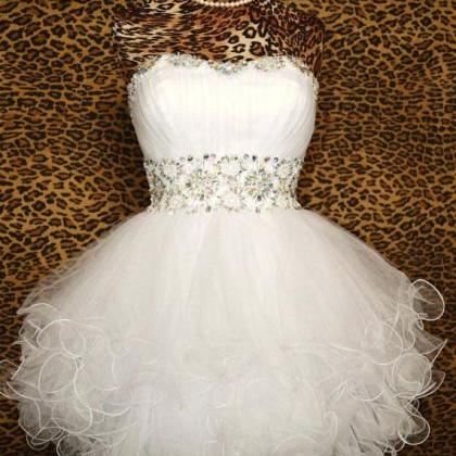 Ball Gown Sweetheart Beaded Tulle Short White Prom..