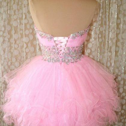 Ball Gown Sweetheart Beaded Tulle Short Pink Prom..