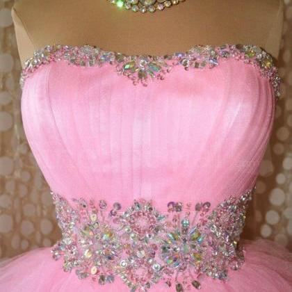 Ball Gown Sweetheart Beaded Tulle Short Pink Prom..