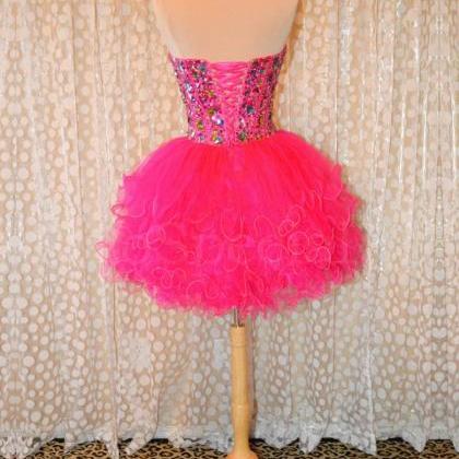 2016 Ball Gown Sweetheart Beaded Tulle Hot Pink..