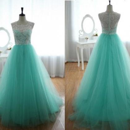 2016 A Line Lace Tulle Long Turquoise Prom Dresses..