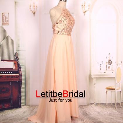 Custom A Line Pink Beaded Long Sexy Backless Prom..