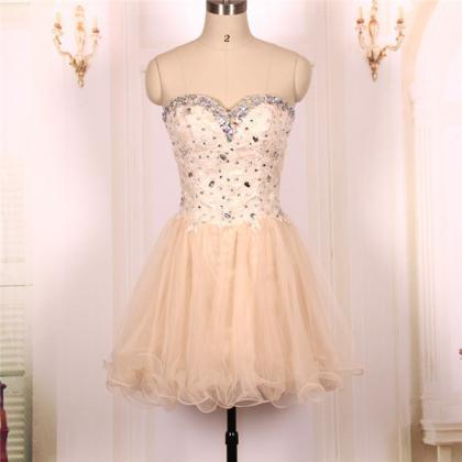 Custom Ball Gown Sweetheart Beaded Tulle Champagne..