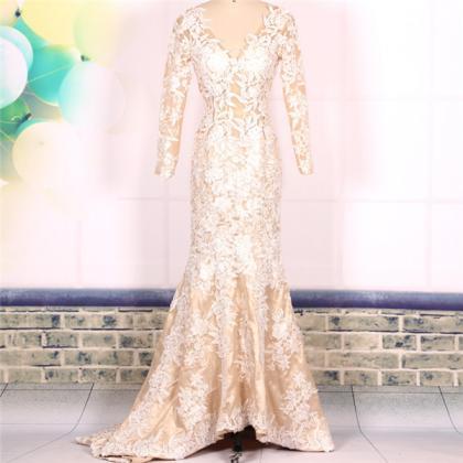 Custom V Neck Ivory Lace Mermaid Prom Dresses With..