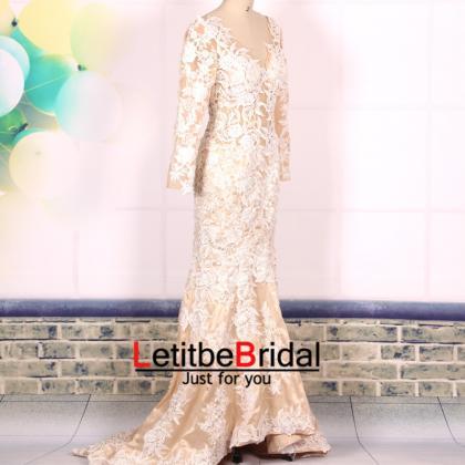 Custom V Neck Ivory Lace Mermaid Prom Dresses With..