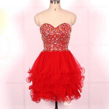 Custom Ball Gown Sweetheart Beaded Tulle Red Short..