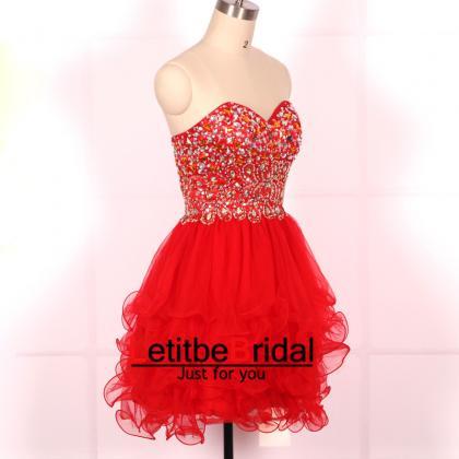 Custom Ball Gown Sweetheart Beaded Tulle Red Short..