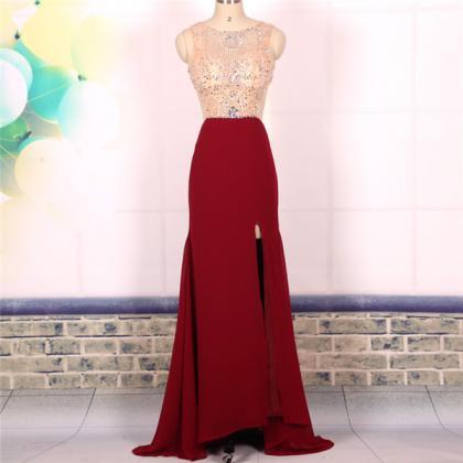 Custom Ball Gown Beaded Sexy Backless Wine Red..