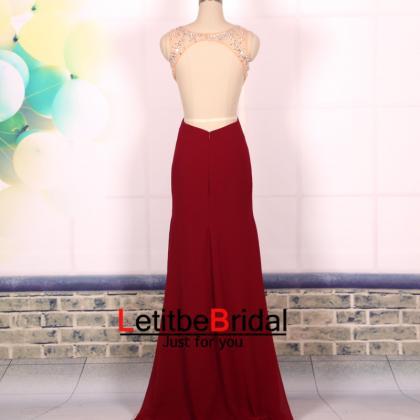 Custom Ball Gown Beaded Sexy Backless Wine Red..