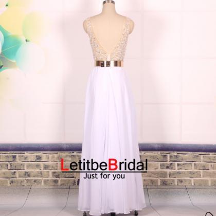 Custom Ball Gown Beaded Sexy Open Back White Long..