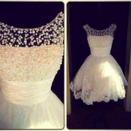 Custom Ball Gown Pearls Short Lace White Prom..