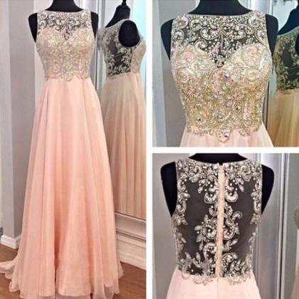 Custom Beaded Sexy Nude Back Long Coral Pink Prom..