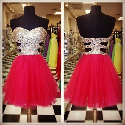 Red Strapless Sweetheart Beaded Cutout A-line..