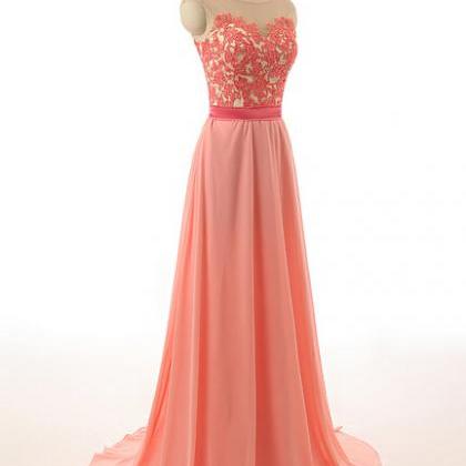 Custom Cap Sleeves Coral Pink Lace Long Prom..