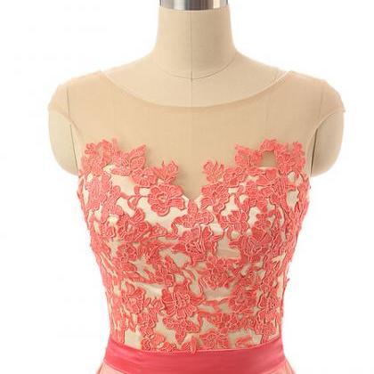 Custom Cap Sleeves Coral Pink Lace Long Prom..