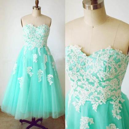 Custom Sweetheart Turquoise Short Tulle Lace Prom..