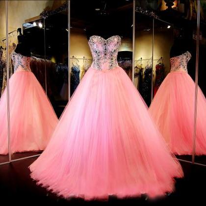 Custom Sweetheart Beaded Ball Gown Tulle Pink Prom..