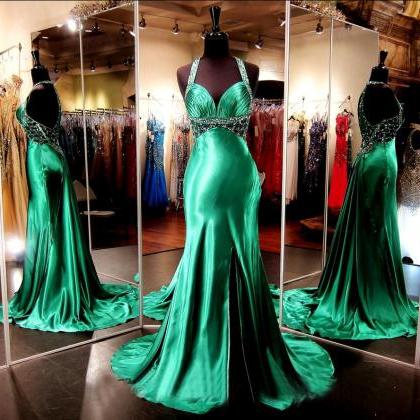 Custom Halter Beaded Satin Green Prom Dresses,..