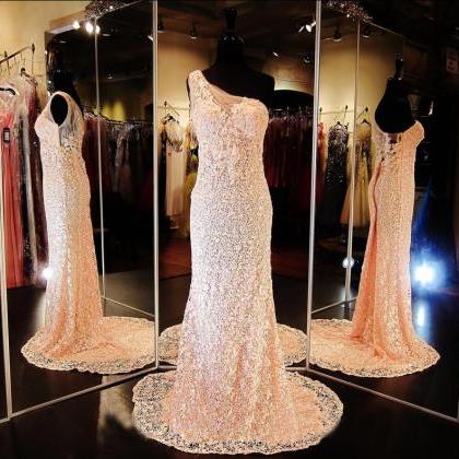 Custom One Shoulder Champagne Lace Prom Dresses,..