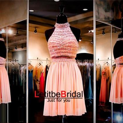 Coral Prom Dress,short Prom Dress,halter Prom..