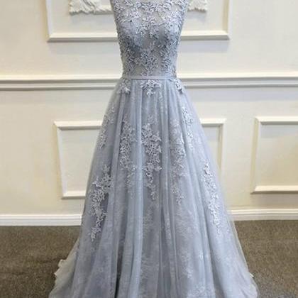 Custom Made Silver Lace Long A-line Tulle Evening..